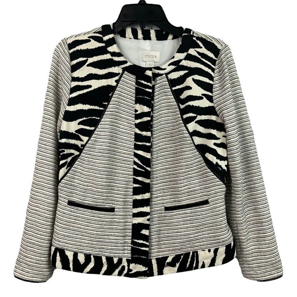 Chicos Snap Front Lined Jacket Womens Textured Stripe Animal Print Size 0